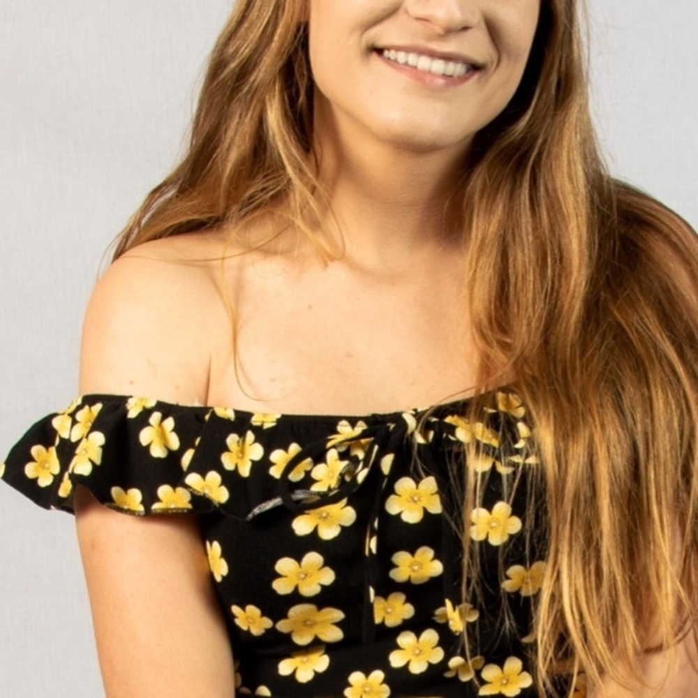 Forever 21 Black and Yellow Floral Cropped Off The Shoulder Ruffle Sleeve Top - Picture 7 of 8